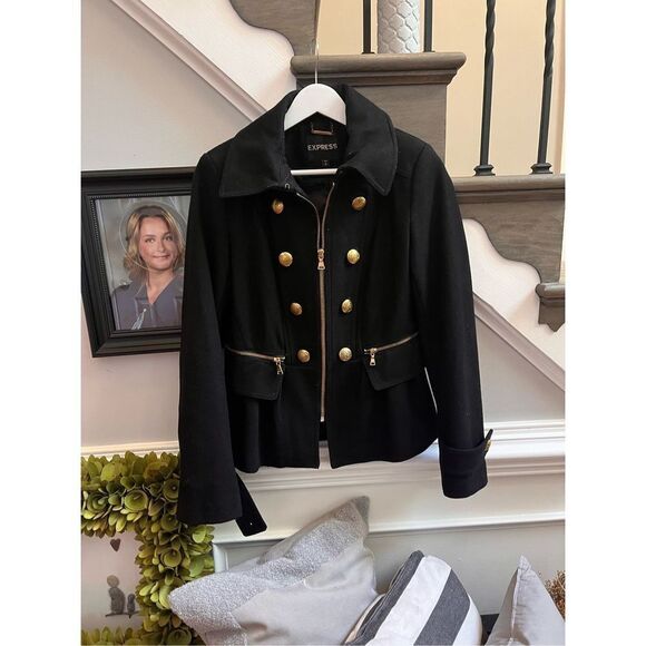 Express Y2K Black Military Coat sz S - Picture 1 of 8